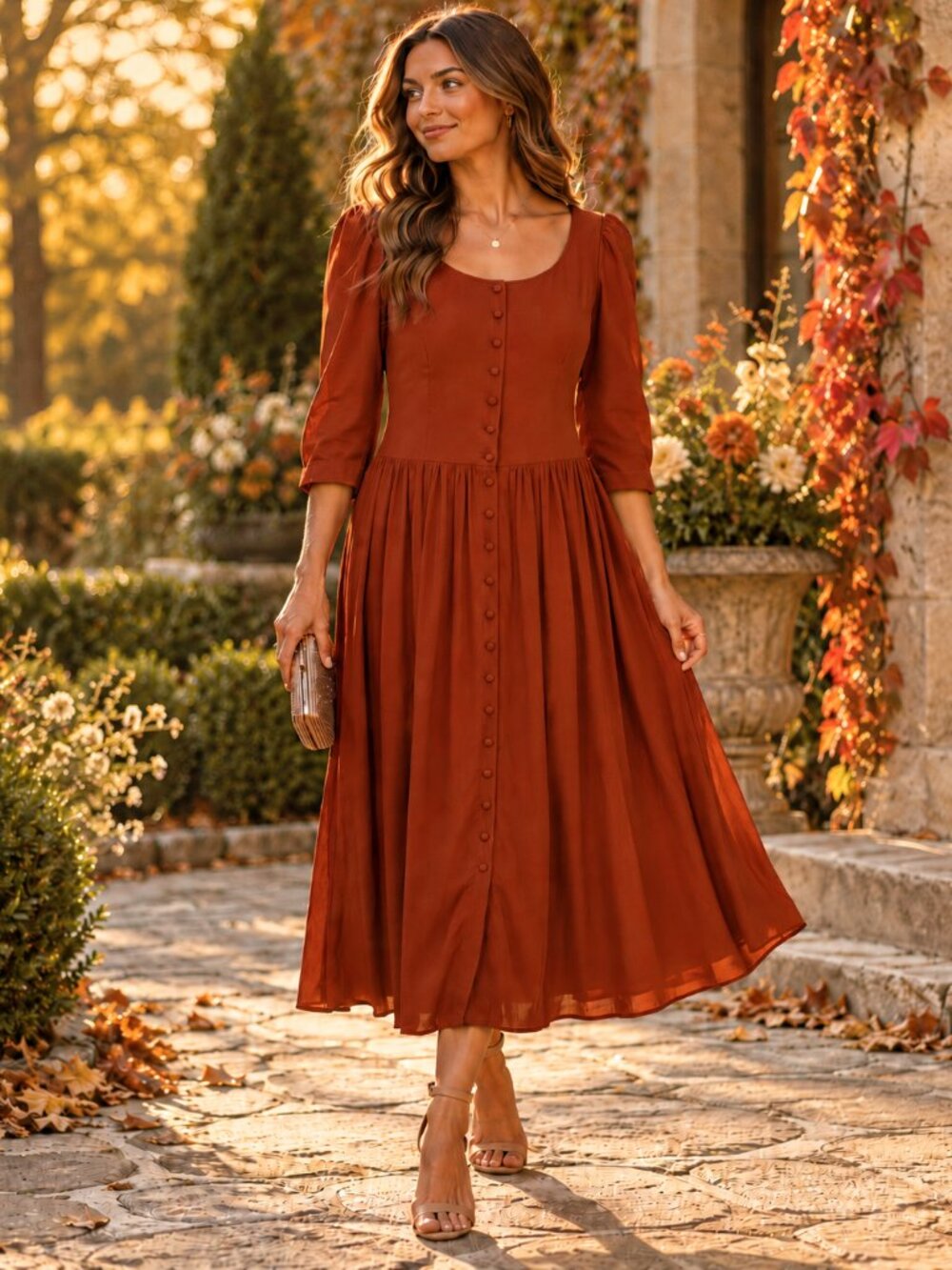 Reformation Rust Brown Button Front Midi Dress Puff Sleeve Cottagecore Sz 10